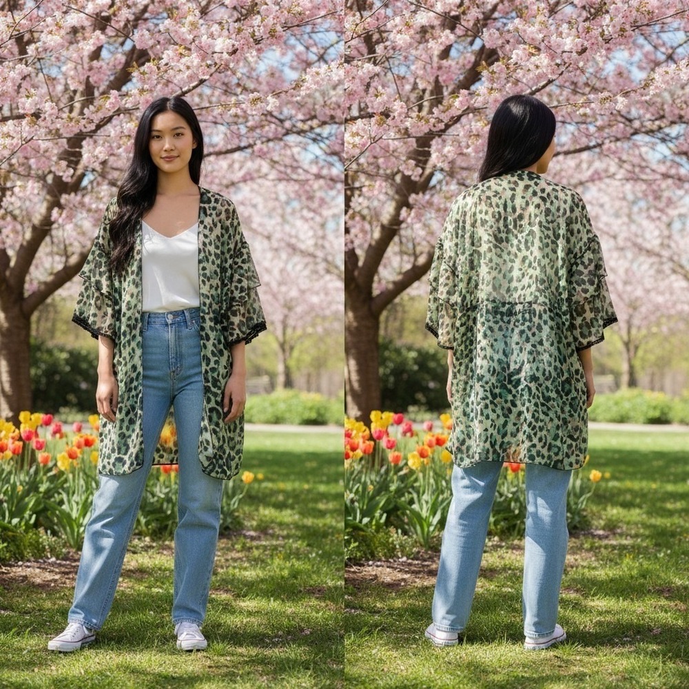 Democracy Kimono Wrap Women S/M Green Leopard Ruffle Sleeve Boho Chiffon Coverup